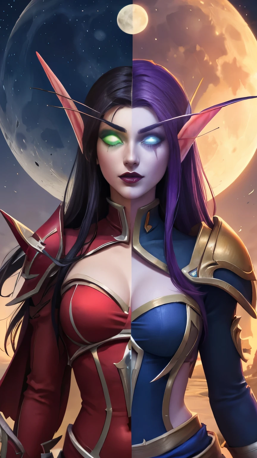 (Masterpiece, highly detailed, highly quality,  highly resolutions), 2 Pointy Ears, 2 eyebrows, line between the middle, Split Colored Hair in the Middle, cut the screen in the Middle, cut the Sun and Moon in Half, Split Colored Lips in the Middle, ({{BREAK nightelf, SplitScreen, split screen, Left screen, Happy faces, glowing eyes, left blue eyes, left Purple Hair, colored skin, mature female, purple Dress, purple shoulder pad, Navel, Cleavage, purple lips, looking at viewer, night, Sleeve, Long eyebrows, Princess of the Moon, Moon Background, left Half Moon center}}), vs, (BREAK bldelf, SplitScreen, splitscreen, Right Screen, Happy Faces, glowing eyes, right Green eyes, right Blonde hair, colored sclera, mature female, Red Dress, red shoulder pad, Navel, cleavage, red lips, looking at viewer, day, Sleeves, long Eyebrows, Princess of the Sun, Sun Background, right Half Sun center))