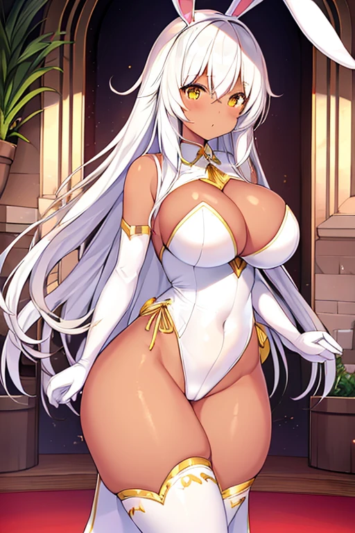 1girl, dark skin, dark-skinned female, bunny ears, rabbit ears, huge breasts, thick thighs, hourglass figure, mature female, white leotard, bunnysuit, leotard, white hair, long hair, golden trim, yellow eyes, gold trim, mature female, shy, timid, cleavage
