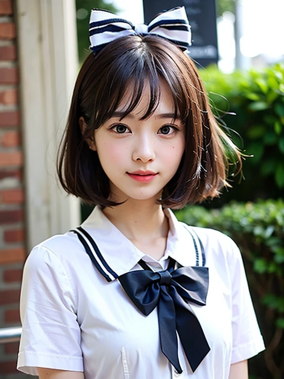 (Extremely delicate and beautiful: 1.2), 1girl in, Bangs, Pretty eyes, Bow, Brown hair, Closed mouth, Sideways, hair between eye, Hair Bow, Short sleeves, Looking at the viewer, Medium Hair, Solo, Upper body, School uniform: 1.3, ((Solo)), (masutepiece),