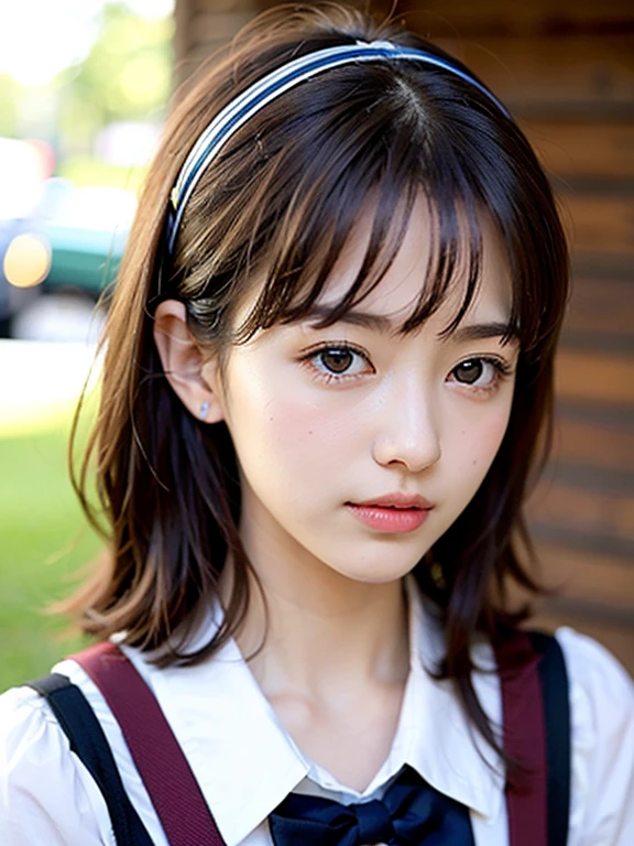 (Extremely delicate and beautiful: 1.2), 1girl in,  Bangs, Pretty eyes, Bow, Brown hair, Closed mouth, Sideways, hair between eye, Hair Bow, Short sleeves, Looking at the viewer, Medium Hair, Solo, Upper body, School uniform: 1.3, ((Solo)), (masutepiece),