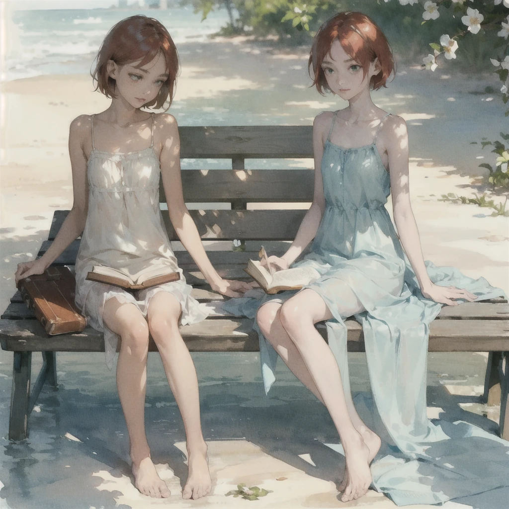 Exquisite (slim (skinny)) Girl (with a perfect, very beautiful gentle face and almond-shaped eyes) (with a southern skin tone and soft lips) (with short red hair) (with freckles) (in a light summer green sundress) ((barefoot)) (on the pier on a bench) (Reading a book) (Under a flowering tree), (there is a small old travel suitcase on the ground nearby), soft amber evening light, warm sun, gentle waves, mint and peach shades; draw ((in watercolor style)); ((very beautiful exquisite face)); (high image quality, high detail), ((discreet faded shades, pale expressionless colors, imitation of film photography, diffused soft light)); ((big alien eyes), skinny); ((delicate shades)), ((beautiful exquisite feet))