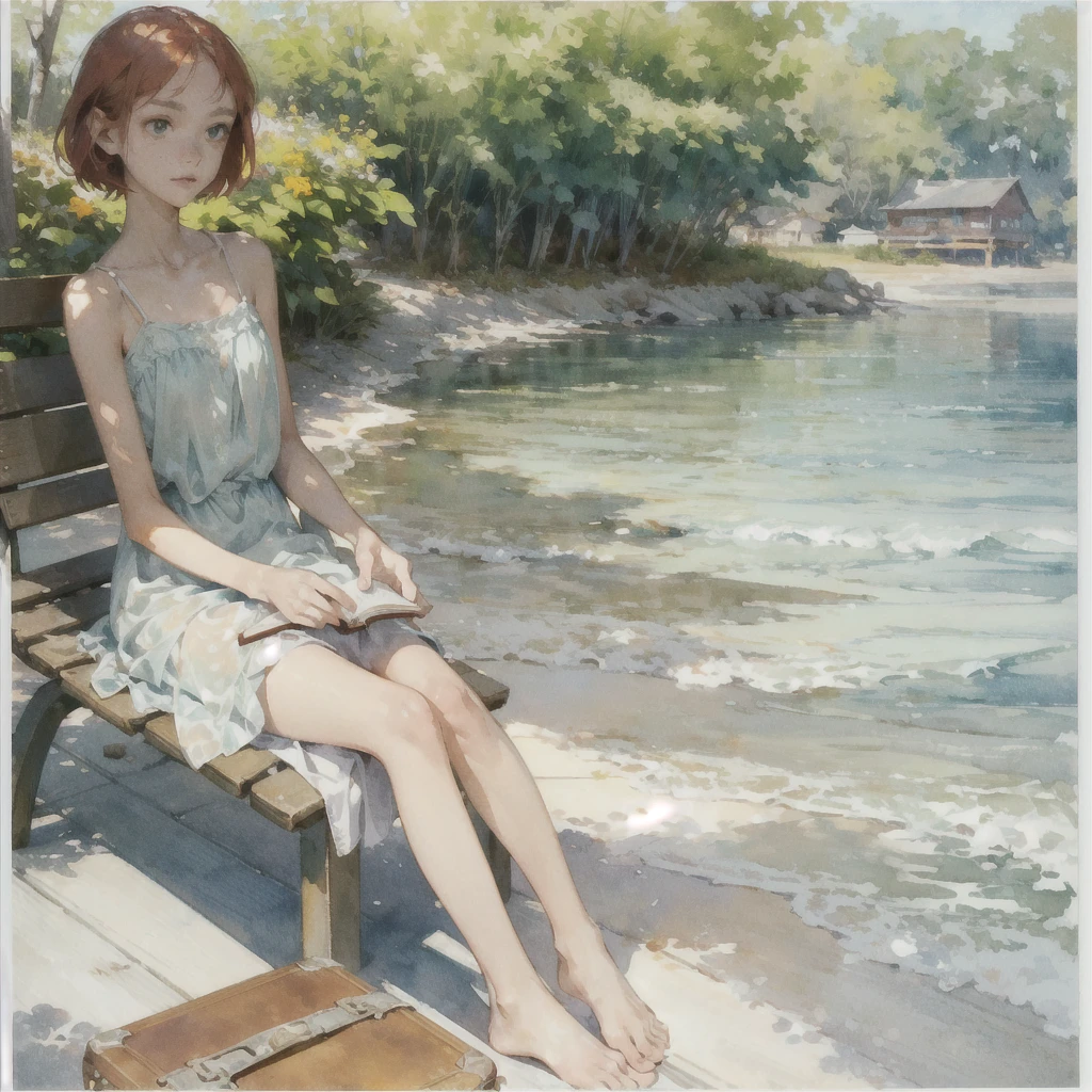 Exquisite (slim (skinny)) Girl (with a perfect, very beautiful gentle face and almond-shaped eyes) (with a southern skin tone and soft lips) (with short red hair) (with freckles) (in a light summer green sundress) ((barefoot)) (on the pier on a bench) (Reading a book) (Under a flowering tree), (there is a small old travel suitcase on the ground nearby), soft amber evening light, warm sun, gentle waves, mint and peach shades; draw ((in watercolor style)); ((very beautiful exquisite face)); (high image quality, high detail), ((discreet faded shades, pale expressionless colors, imitation of film photography, diffused soft light)); ((big alien eyes), skinny); ((delicate shades)), ((beautiful exquisite feet))