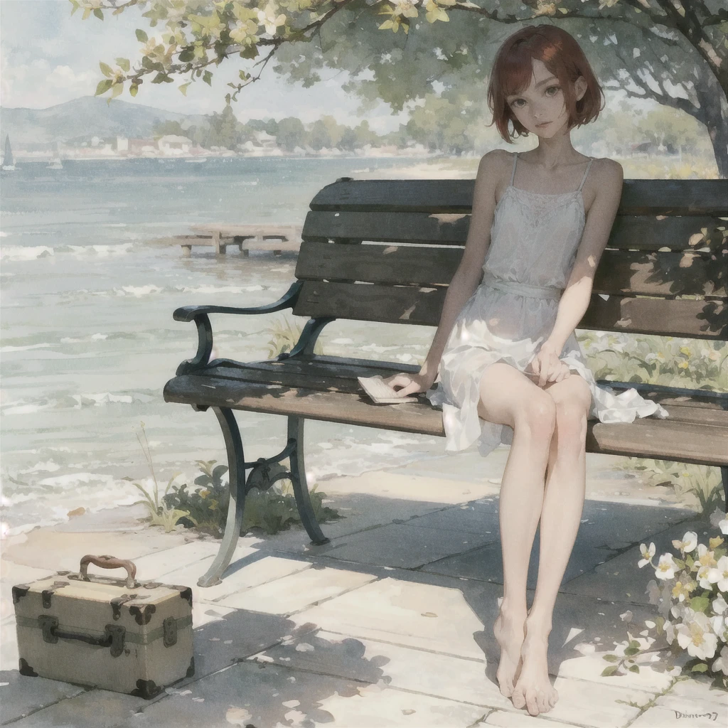 Exquisite (slim (skinny)) Girl 16 years old (with a perfect, very beautiful gentle face and almond-shaped eyes) (with a southern skin tone and soft lips) (with short red hair) (with freckles) (in a light summer green sundress) ((barefoot)) (on the pier on a bench) (Reading a book) (Under a flowering tree), (there is a small old travel suitcase on the ground nearby), soft amber evening light, warm sun, gentle waves, mint and peach shades; draw ((in watercolor style)); ((very beautiful exquisite face)); (high image quality, high detail), ((discreet faded shades, pale expressionless colors, imitation of film photography, diffused soft light)); ((big alien eyes), skinny); ((delicate shades)), ((beautiful exquisite feet))