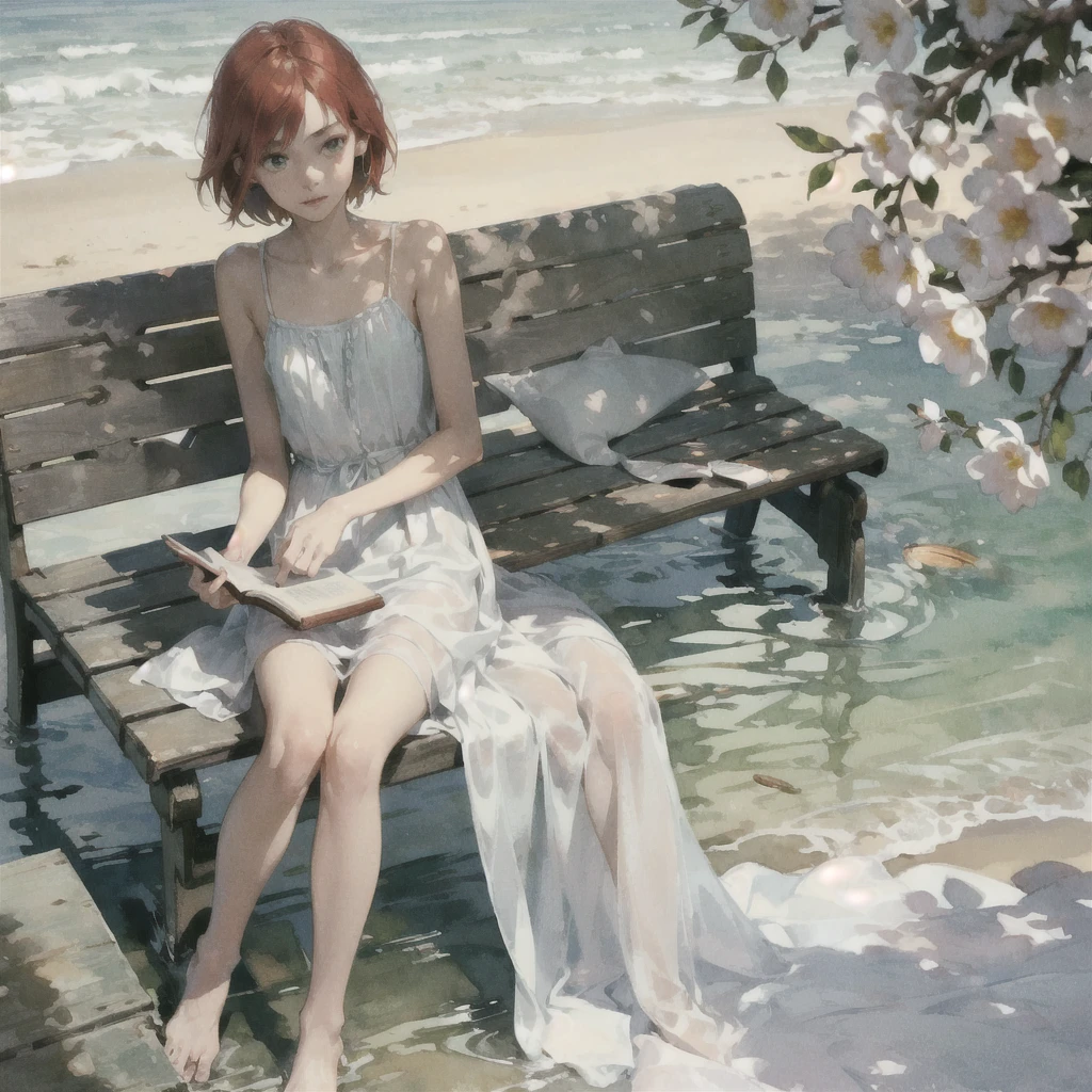 Exquisite (slim (skinny)) Girl 16 years old (with a perfect, very beautiful gentle face and almond-shaped eyes) (with a southern skin tone and soft lips) (with short red hair) (with freckles) (in a light summer green sundress) ((barefoot)) (on the pier on a bench) (Reading a book) (Under a flowering tree), (there is a small old travel suitcase on the ground nearby), soft amber evening light, warm sun, gentle waves, mint and peach shades; draw ((in watercolor style)); ((very beautiful exquisite face)); (high image quality, high detail), ((discreet faded shades, pale expressionless colors, imitation of film photography, diffused soft light)); ((big alien eyes), skinny); ((delicate shades)), ((beautiful exquisite feet))