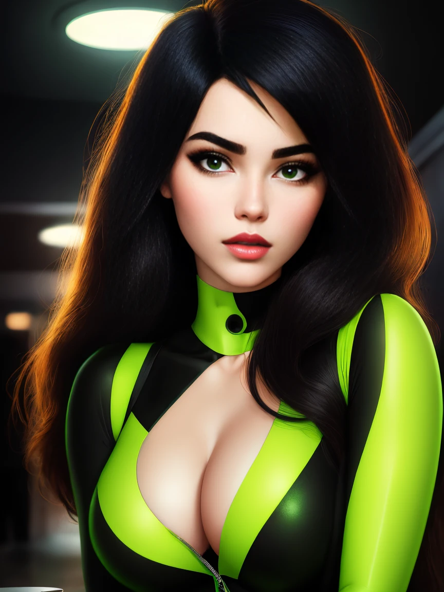 A stunning intricate full color portrait of Shego, pale skin, black hair, green eyes, wearing a black and green body suit, deep cleavage,, seductive, portrait, by ilya kuvshinov, alessio albi, nina masic, sharp focus, natural lighting, subsurface scattering, f2, 35mm, film grain,
