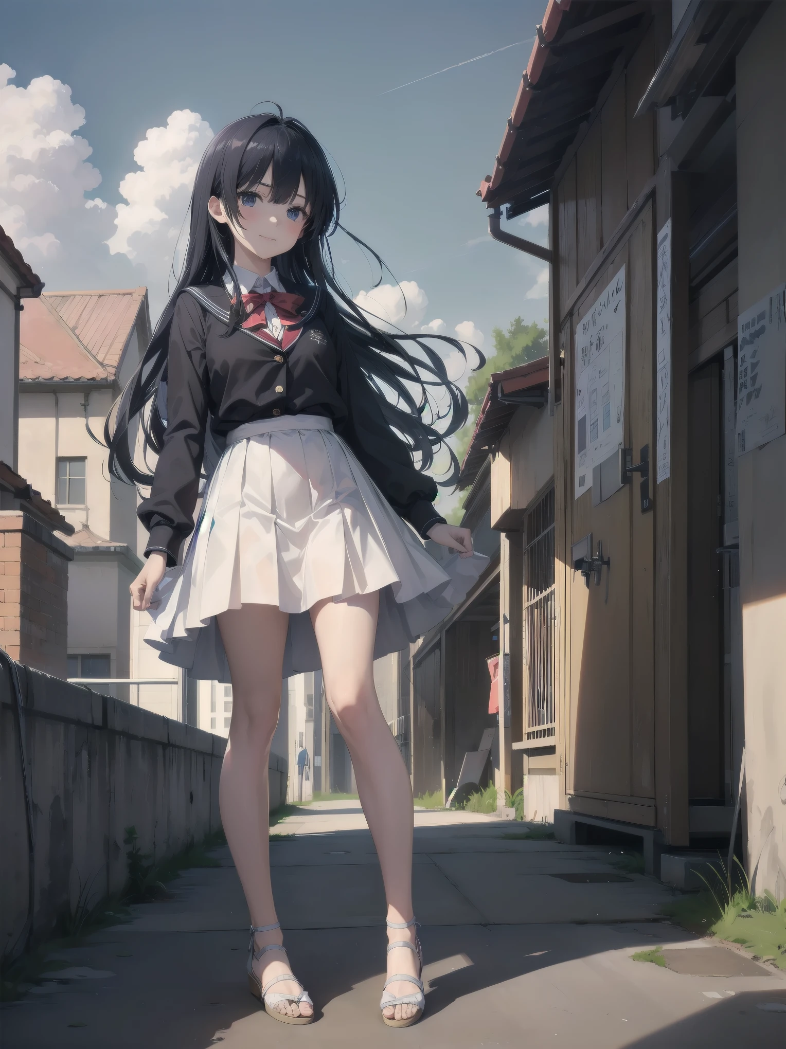 Subtitle: {{school rooftop}} {{uniform}} {{staring into the distance with the wind blowing}}
School rooftop. A strong wind was blowing through the air, and Saori, a beautiful girl, in her , was staring at the distant scenery, staring at an old key in her hand. Her mind was racing to find the place that the key pointed to. I guess this is where it starts," she muttered, placing the key at her feet. She muttered and opened a small box placed at her feet. Inside were several old photographs and a letter. Saori, did you find them?" I heard a voice behind me, and turned to see my classmate Reiko standing there. Yes, but now comes the problem. There's a mystery I have to solve, even if it's beyond the law. Saori replied with a determined look on her face. You really are amazing with your cute face." Reiko said with a smile.