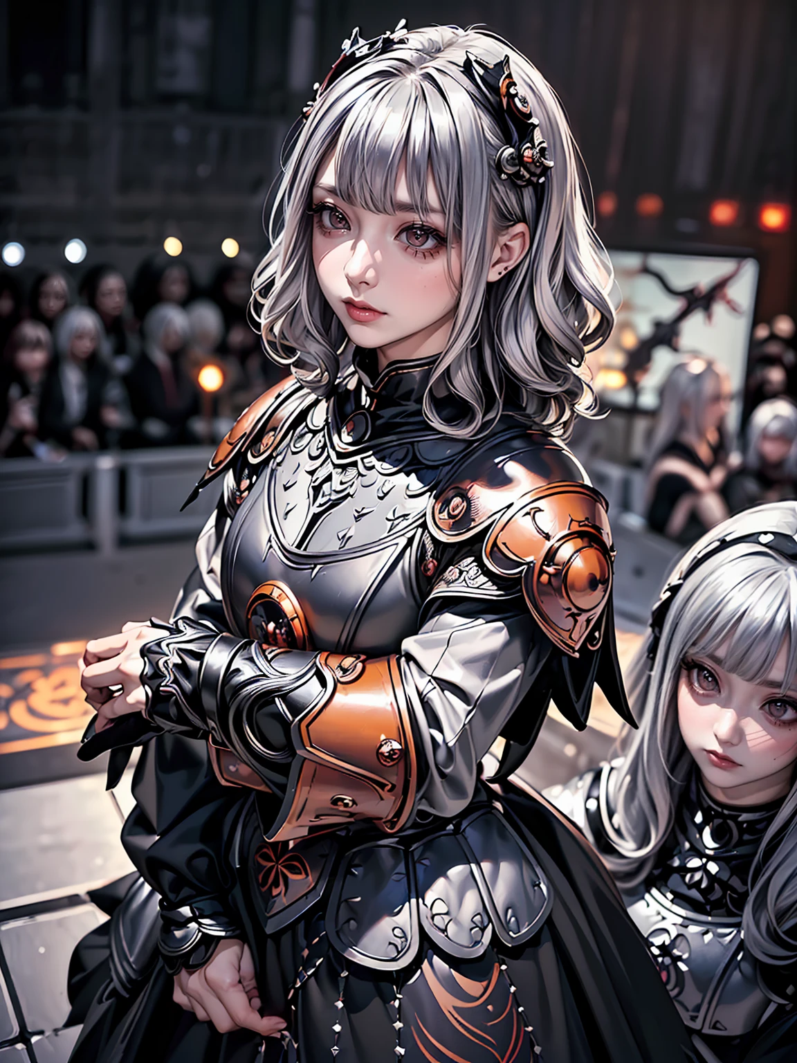 Surreal、Delicate and detailed line drawingasterpiece、highest quality、Highest quality、(One Woman、16 years old、(Silver Hair、Hime cut, Wavy Hair, short hair:1.2)、(Natural Makeup、Eyelash extensions、Sharply draw eyelashes、Eyebrows are thin and short、Deep orange blush:1.1)、(Staring at the audience, Spaced out、Looks sleepy、The mouth is open、A little red cheeks:1.3)、(disaster々Full plate armor of black iron with elaborate ornamentation, Densely detailed dress armor, Dark Knight:1.3)、garden、A mysterious scene with light pouring down, (Blur the background:1.3)、(The subject is viewed from above:1.1)、Photo from thigh up