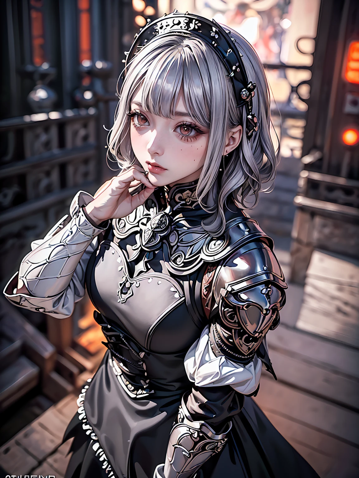 Surreal、Delicate and detailed line drawingasterpiece、highest quality、Highest quality、(One Woman、、(Silver Hair、Hime cut, Wavy Hair, short hair:1.2)、(Natural Makeup、Eyelash extensions、Sharply draw eyelashes、Eyebrows are thin and short、Deep orange blush:1.1)、(Staring at the audience, Spaced out、Looks sleepy、The mouth is open、A little red cheeks:1.3)、(disaster々Full plate armor of black iron with elaborate ornamentation, Densely detailed dress armor, Dark Knight:1.3)、garden、A mysterious scene with light pouring down, (Blur the background:1.3)、(The subject is viewed from above:1.1)、Photo from thigh up