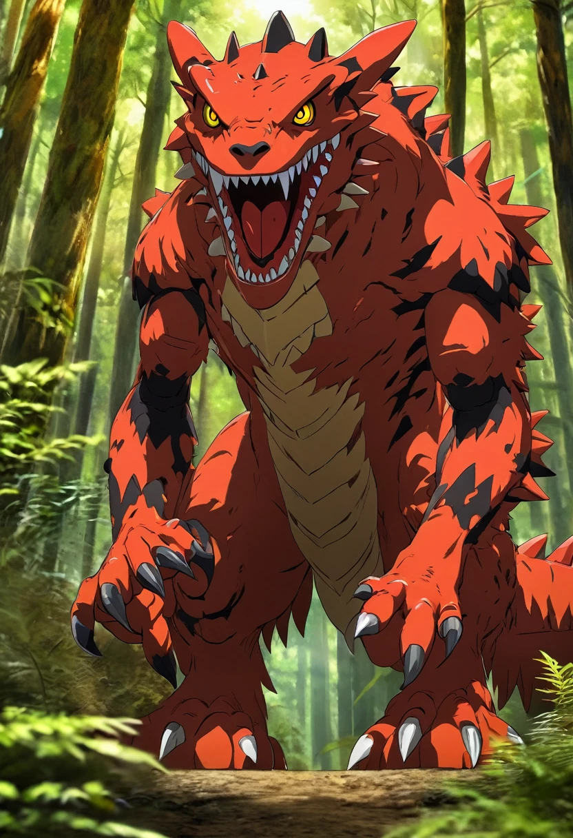 masterpiece, best quality, SFW, (safe for work),Agumon, solo, claws, creature, full body, red eyes, sharp teeth, solo, standing, digimon \(creature\), looking at viewer, forest background