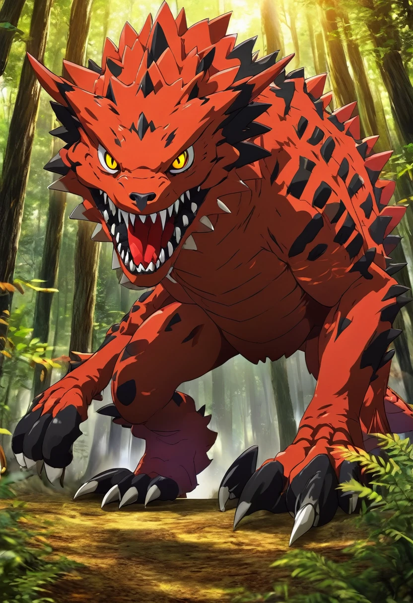 masterpiece, best quality, SFW, (safe for work),Agumon, solo, claws, creature, full body, red eyes, sharp teeth, solo, standing, digimon \(creature\), looking at viewer, forest background