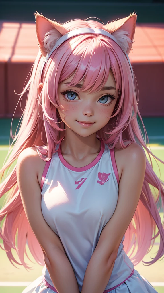 (high resolution, upper body, soft skin:1.2),(best illustration,masterpiece:1.2),ultra-detailed,[(cat ears ,pink inside:1.2),vivid colors,sharp focus,portrait,studio lighting,bokeh, wearing a tennis uniform, tennis courts background, arms behind head, smiling