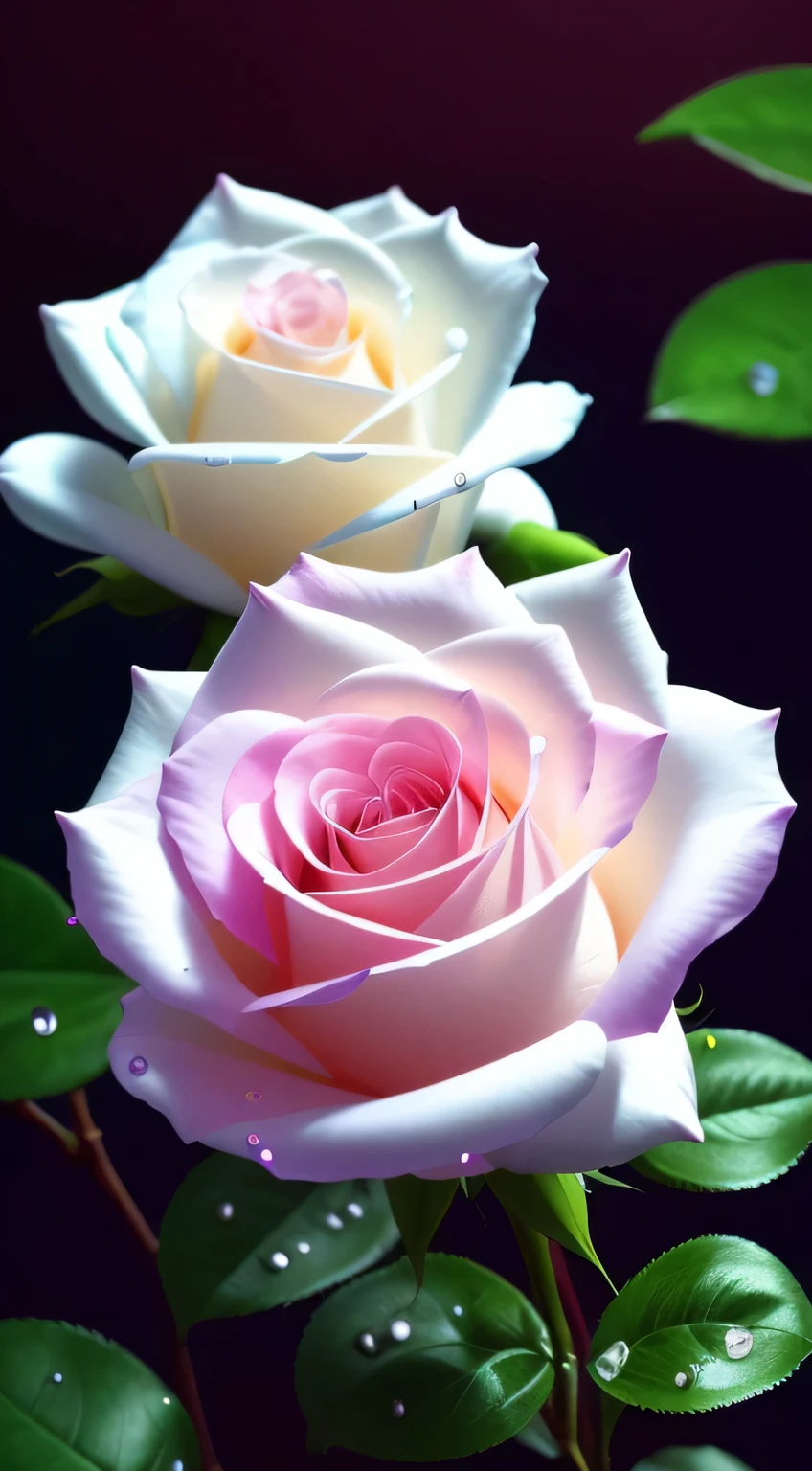 There are two white roses,There are water droplets on it, pastel roses, translucent roses ornate, Glowing flowers, magical colorful flowers, Magical flowers, Luminous flowers, beautiful iphone wallpaper, roses in cinematic light, rosette, melanchonic rose soft light, rosses, beautiful flowers, Beautiful flowers, colored flowers, detailed flowers, beautiful hd, Beautiful wallpaper, colorful hd picure
