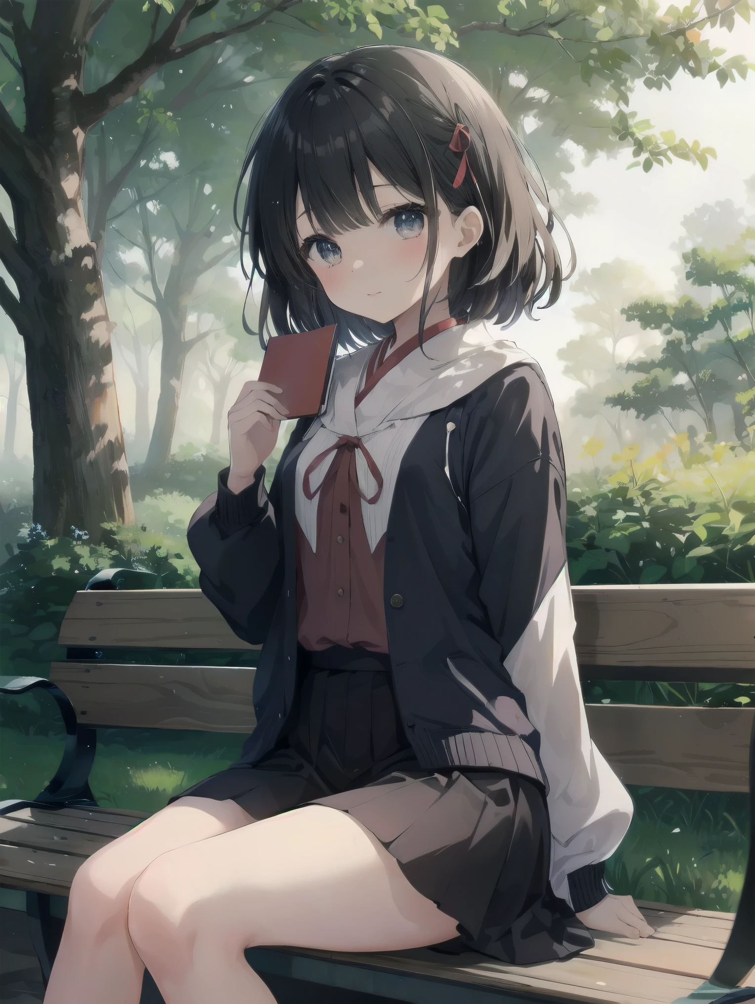 In a lush green park, a beautiful girl, Saori, was sitting on a bench with the sun shining through the trees. Her translucent eyes were sunken in deep contemplation, and in her hand was an old map and a notebook filled with scribbles.Her long, glossy black hair danced in the wind, her light red ribbons twirling in the wind. Saori, have you found any clues yet?" Yosuke, a childhood friend sitting next to her, asked anxiously, "Saori, have you found any clues yet? Saori smiled, closed her notebook, and said, "Yes, I'm almost done. But we may need to take extrajudicial measures in the future. I reply. Her eyes sparkle as if she is enjoying the challenge.