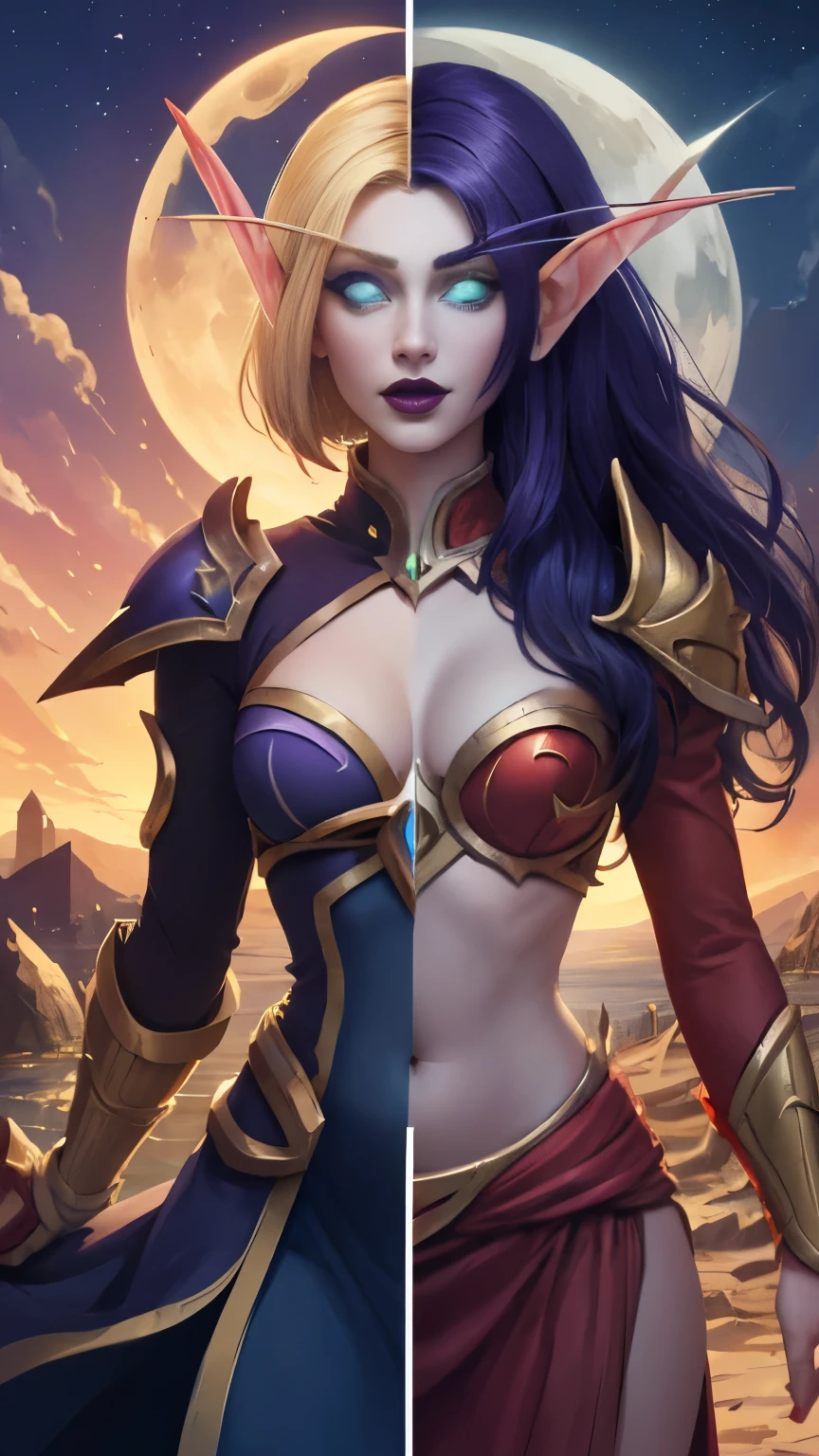 (Masterpiece, highly detailed, highly quality,  highly resolutions), 2 Pointy Ears, 2 eyebrows, line between the middle, Split Colored Hair in the Middle, cut the screen in the Middle, cut the Sun and Moon in Half, Split Colored Lips in the Middle, ({{BREAK nightelf, SplitScreen, split screen, Left screen, Happy faces, glowing eyes, left blue eyes, left Purple Hair, colored skin, mature female, purple Dress, purple shoulder pad, Navel, Cleavage, purple lips, looking at viewer, night, Sleeve, Long eyebrows, Princess of the Moon, Moon Background, left Half Moon center}}), vs, (BREAK bldelf, SplitScreen, splitscreen, Right Screen, Happy Faces, glowing eyes, right Green eyes, right Blonde hair, colored sclera, mature female, Red Dress, red shoulder pad, Navel, cleavage, red lips, looking at viewer, day, Sleeves, long Eyebrows, Princess of the Sun, Sun Background, right Half Sun center))