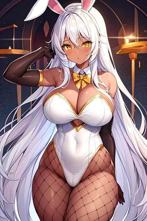 1girl, dark skin, dark-skinned female, bunny ears, rabbit ears, huge breasts, breasts, thick thighs, mature female, white leotard, bunnysuit, leotard, white hair, long hair, golden trim, yellow eyes, gold trim, mature female, shy, timid, cleavage, elbow gloves, fishnet, fishnet pantyhose