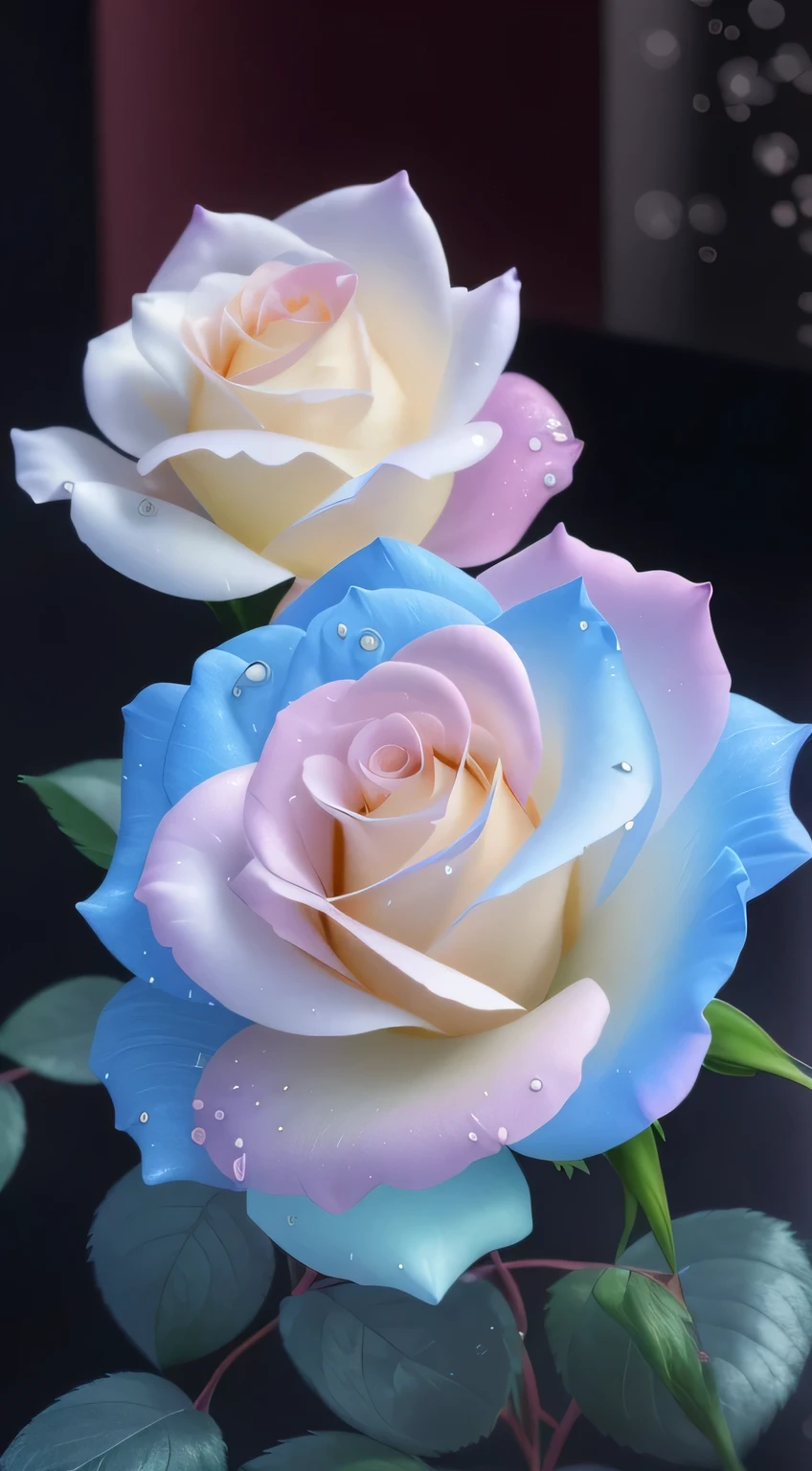 (best quality,4k,8k,highres,masterpiece:1.2), ultra-detailed, (realistic,photorealistic,photo-realistic:1.37), two pink roses with water drops, delicate colored roses, translucent and gorgeous roses, glowing flowers, magical rainbow flowers, magical flowers, glowing flowers, beautiful iPhone wallpaper, roses under movie light, rose buds, melancholic roses with soft lighting, blonde girl, beautiful flowers, beautiful flowers, colorful flowers, detailed flowers, beautiful high-definition, beautiful wallpaper, colorful high-definition images