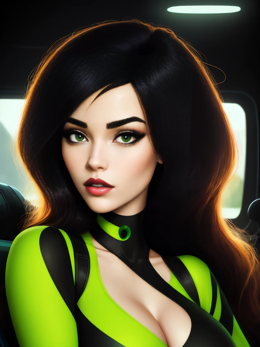 A stunning intricate full color portrait of Shego, pale skin, black hair, green eyes, wearing a black and green body suit, deep cleavage,, seductive, portrait, by ilya kuvshinov, alessio albi, nina masic, sharp focus, natural lighting, subsurface scattering, f2, 35mm, film grain, 