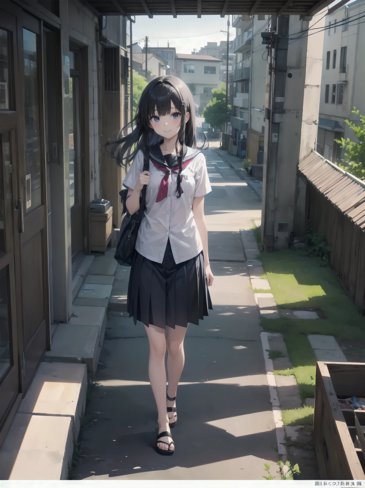 Subtitle: {{school rooftop}} {{uniform}} {{staring into the distance with the wind blowing}}

School rooftop. A strong wind was blowing through the air, and Saori, a beautiful girl, in her , was staring at the distant scenery, staring at an old key in her hand. Her mind was racing to find the place that the key pointed to. I guess this is where it starts," she muttered, placing the key at her feet. She muttered and opened a small box placed at her feet. Inside were several old photographs and a letter. Saori, did you find them?" I heard a voice behind me, and turned to see my classmate Reiko standing there. Yes, but now comes the problem. There's a mystery I have to solve, even if it's beyond the law. Saori replied with a determined look on her face. You really are amazing with your cute face." Reiko said with a smile.