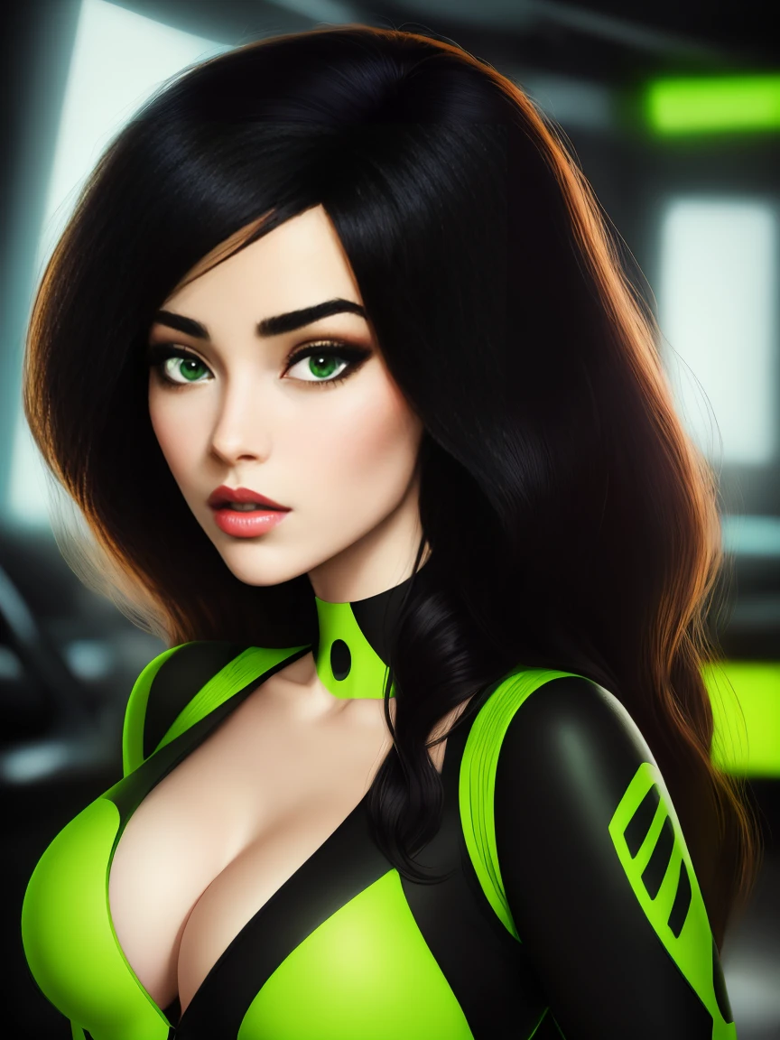 A stunning intricate full color portrait of Shego, pale skin, black hair, green eyes, wearing a black and green body suit, deep cleavage,, seductive, portrait, by ilya kuvshinov, alessio albi, nina masic, sharp focus, natural lighting, subsurface scattering, f2, 35mm, film grain,