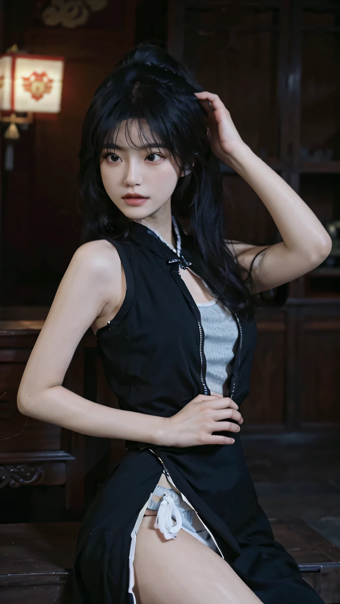 best qualtiy，tmasterpiece，Ultra-high resolution，（realisticlying：1.4），a close up of a woman with long black hair wearing a black dress, Cai Xukun, gorgeous chinese models, Gorgeous young Korean woman, beautiful Korean women, yanjun cheng, Xianxia, full-body xianxia, xintong chen, ruan jia beautiful!, Beautiful young Korean woman, xision wu, Inspired by Huang Ji, gongbi, wear black bikini, perfect breats