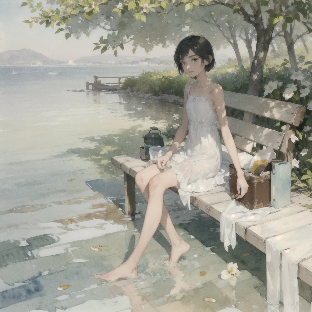 Exquisite (slim (skinny)) Girl  (with a perfect, very beautiful gentle face and almond-shaped eyes) (with a southern skin tone and soft lips) (with short amber hair) (with freckles) (in a light summer green sundress) ((barefoot)) (on the pier on a bench) (Reading a book) (Under a flowering tree), (there is a small old travel suitcase on the ground nearby), soft amber evening light, warm sun, gentle waves, mint and peach shades; draw ((in watercolor style)); ((very beautiful exquisite face)); (high image quality, high detail), ((discreet faded shades, pale expressionless colors, imitation of film photography, diffused soft light)); ((big alien eyes), skinny); ((delicate shades)), ((beautiful exquisite feet))