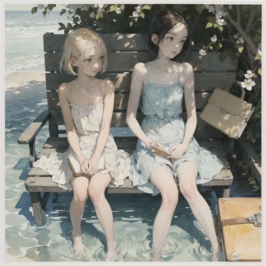 Exquisite (slim (skinny)) Girl 16 years old (with a perfect, very beautiful gentle face and almond-shaped eyes) (with a southern skin tone and soft lips) (with short amber hair) (with freckles) (in a light summer green sundress) ((barefoot)) (on the pier on a bench) (Reading a book) (Under a flowering tree), (there is a small old travel suitcase on the ground nearby), soft amber evening light, warm sun, gentle waves, mint and peach shades; draw ((in watercolor style)); ((very beautiful exquisite face)); (high image quality, high detail), ((discreet faded shades, pale expressionless colors, imitation of film photography, diffused soft light)); ((big alien eyes), skinny); ((delicate shades)), ((beautiful exquisite feet))