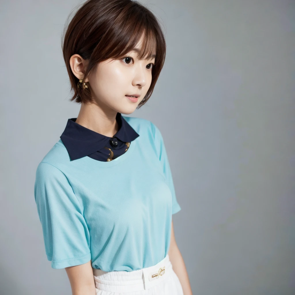 (masterpiece, best quality:1.2), 1girl, solo, short cut hair, tight shirt, simple background