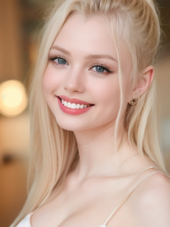 (realistic、masterpiece、Best Quality、8K、highres、high resolution:1.3)、1 girl、smile, Huge breasts、white bikini、pale white skin、looking at viewers、super fine face and eyes、long blonde hair、indoor、 upper body、