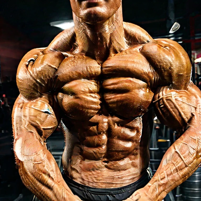 ginger bodybuilder with fiber-level detail on chest, abs and general whole muscles