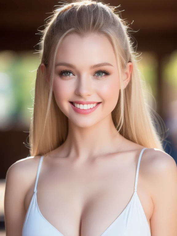 (realistic、masterpiece、Best Quality、8K、highres、high resolution:1.3)、1 girl、smile, Huge breasts、white bikini、pale white skin、looking at viewers、super fine face and eyes、long blonde hair、indoor、 upper body、