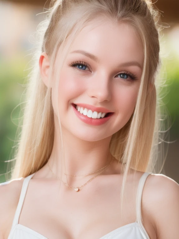 (realistic、masterpiece、Best Quality、8K、highres、high resolution:1.3)、1 girl、smile, Huge breasts、white bikini、pale white skin、looking at viewers、super fine face and eyes、long blonde hair、indoor、 upper body、
