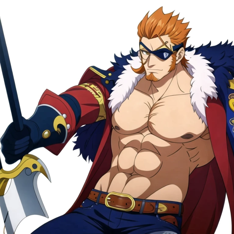 (masterpiece, best quality:1.2), 1man, solo, Eye mask, rapier, orange hair, fur-lined coat, wine-colored cloak with wine lining, belt, indigo pants, X pattern on body, axe, X pattern on chin, muscular