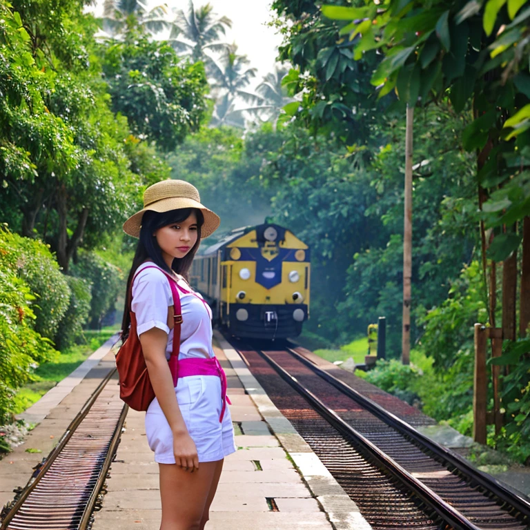 (masterpiece, best quality:1.2), 1girl, (Demi Rose Mawby), solo, Malgudi style, waiting for train at railway station, small railway station in village, nature, dense foliage, train coming in towards the station, looking at Train, facing away from camera, Wearing summer clothing and shorts, wearing summer hat, realistic, photograph, highly detailed, Vivid Colors, slight drizzle,