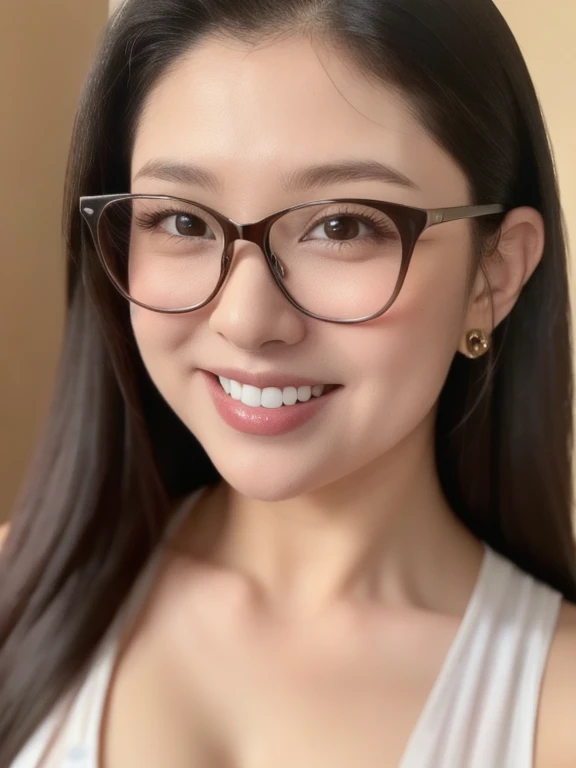 (realistic、masterpiece、Best Quality、8K、highres、high resolution:1.3)、1 glasses girl、smile, Huge breasts、white bikini、pale white skin、looking at viewers、super fine face and eyes、long hair、indoor、 upper body、