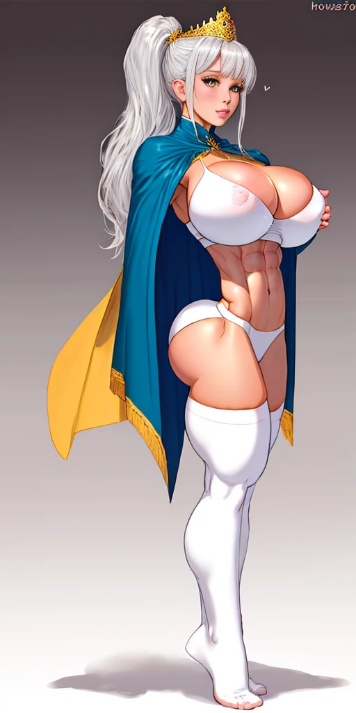 ((masterpiece, white background:1.2)) full body of a woman, standing feet together, extremely long hair, ponytail, perfect anatomy 1sologirl, tall slim thick ((muscular)) high elf toned body, silver breast plate, blue cape, slender abs, hourglass waist, detailed face, defined cheekbones, puffy lips, red gloves gauntlets, gold crown, shadow over eyes, looking at viewer view from below, white thigh highs lingerie