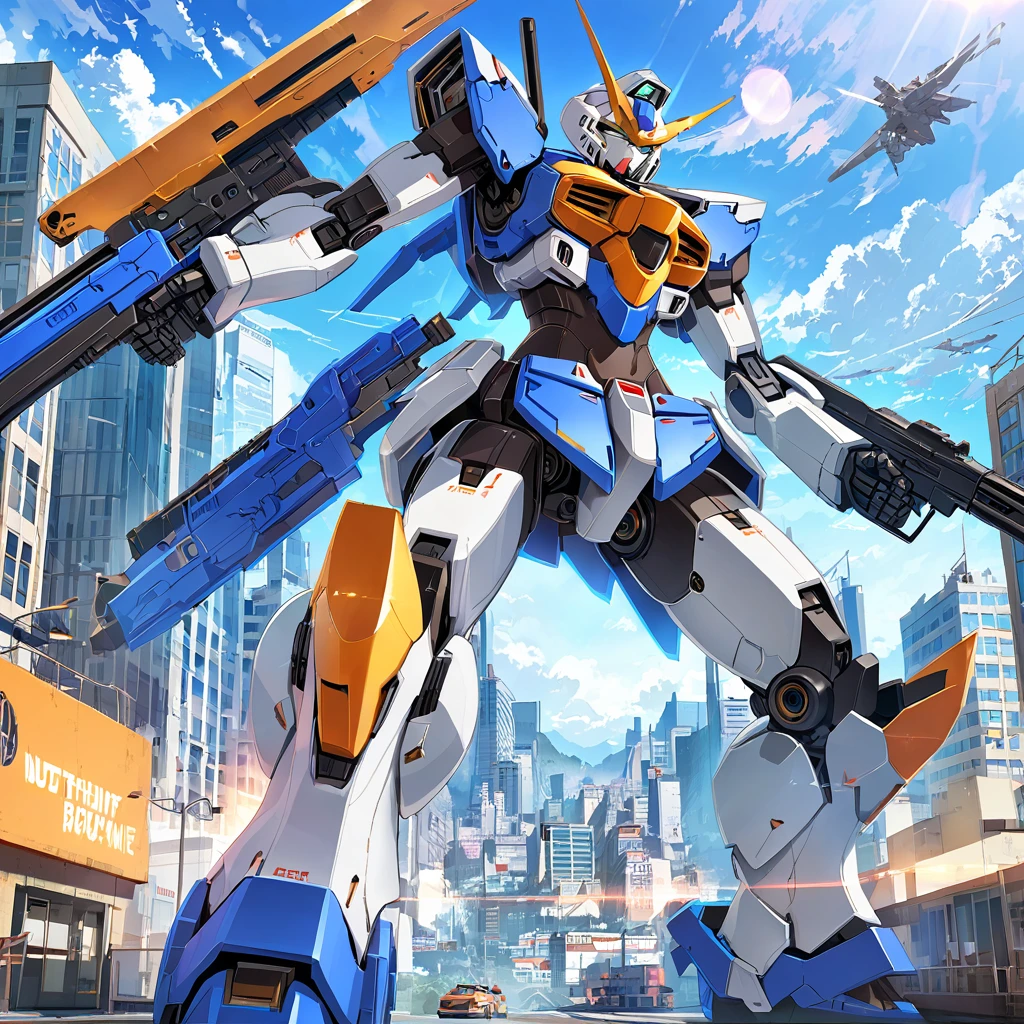 High resolution, null, cloud, gun weapon, Shine, Cutting-edge robots, building, Shine eyes, Cutting-edge Mecha, SF, city, Genuine, blue main mech, Chest Core,Like Poseidon,