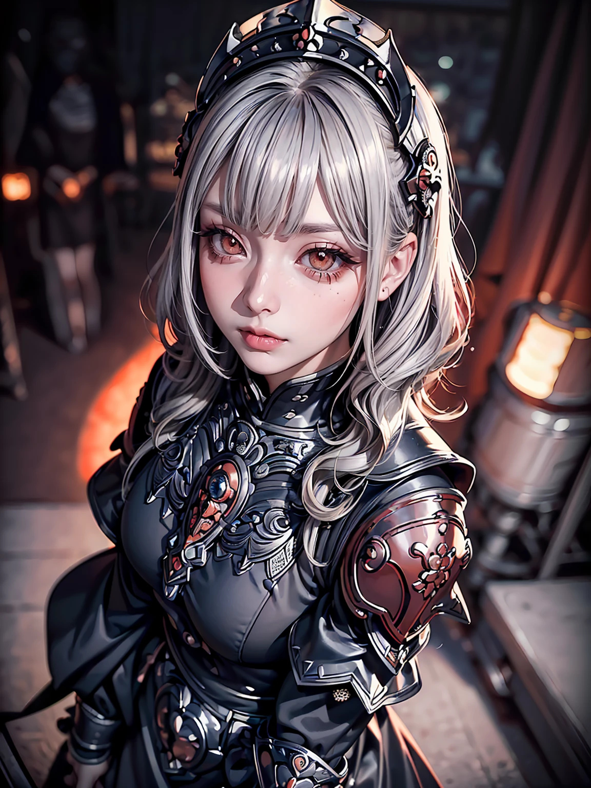 Surreal、Delicate and detailed line drawingasterpiece、highest quality、Highest quality、(One Woman、、(Silver Hair、Hime cut, Wavy Hair, short hair:1.2)、(Natural Makeup、Eyelash extensions、Sharply draw eyelashes、Eyebrows are thin and short、Deep orange blush:1.1)、(Staring at the audience, Spaced out、Looks sleepy、The mouth is open、A little red cheeks:1.3)、(disaster々Full plate armor of black iron with elaborate ornamentation, Densely detailed dress armor, Dark Knight:1.3)、garden、A mysterious scene with light pouring down, (Blur the background:1.3)、(The subject is viewed from above:1.1)、Photo from thigh up