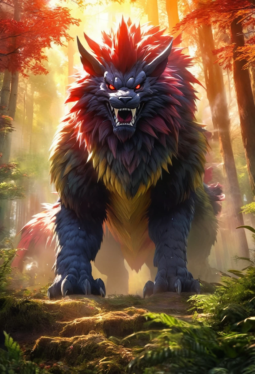 (best quality,SFW,masterpiece:1.2),gabumon,claws,creature,full body,red eyes,sharp teeth,solo,standing,digimon,looking at viewer,forest background,lush trees,dappled sunlight,peaceful atmosphere,foggy ambiance,vibrant colors,warm tone,vivid details,smoke rising from the ground,ray of light piercing through the trees,mysterious aura,majestic presence,hidden secrets,striking contrast,breathtaking beauty,impressive scale,imposing figure,attention-grabbing,awe-inspiring,magical scenery,awe-inspiring beauty,detailed fur,expressive eyes,serene expression.