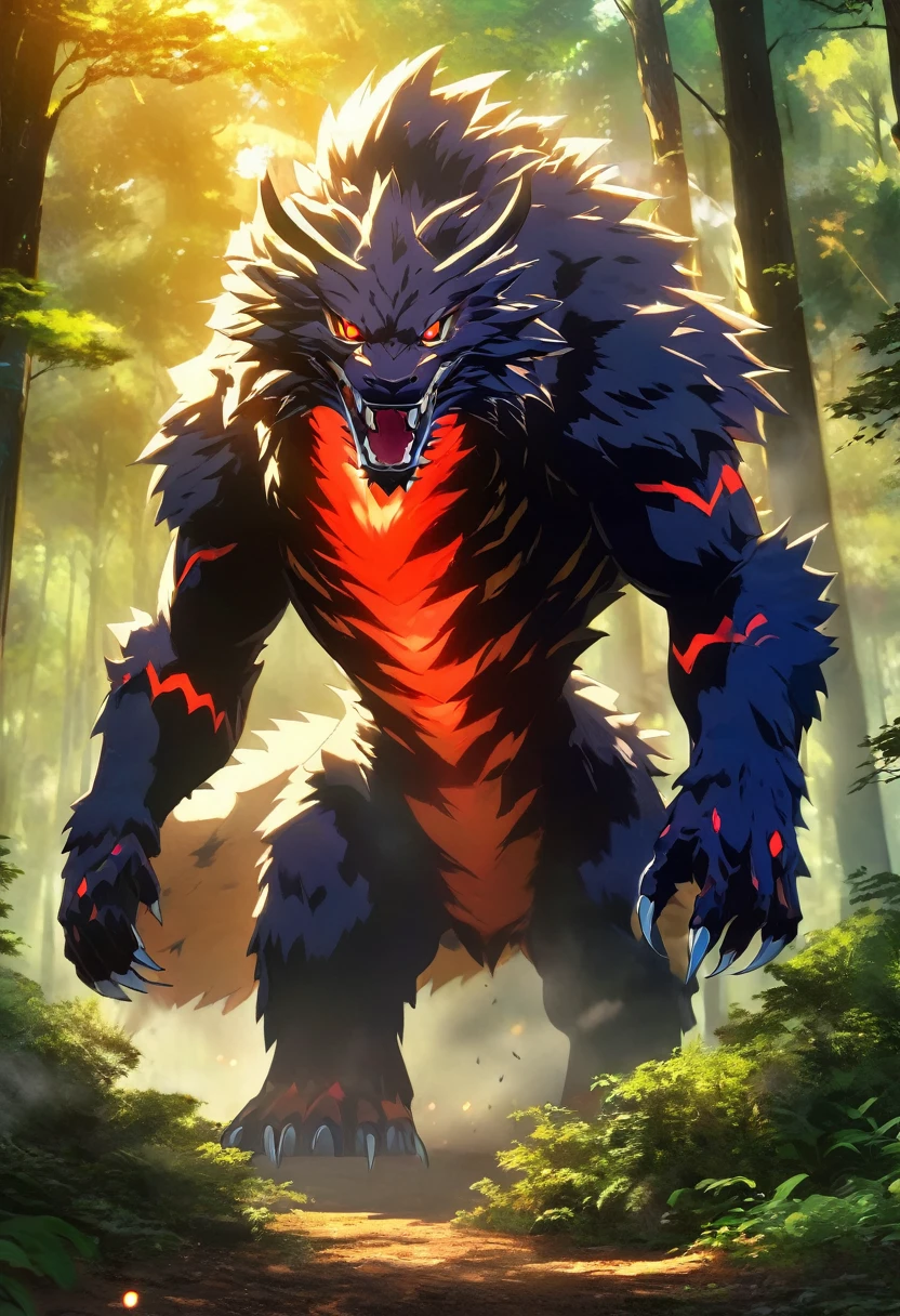 (best quality,SFW,masterpiece:1.2),gabumon,claws,creature,full body,red eyes,sharp teeth,solo,standing,digimon,looking at viewer,forest background,lush trees,dappled sunlight,peaceful atmosphere,foggy ambiance,vibrant colors,warm tone,vivid details,smoke rising from the ground,ray of light piercing through the trees,mysterious aura,majestic presence,hidden secrets,striking contrast,breathtaking beauty,impressive scale,imposing figure,attention-grabbing,awe-inspiring,magical scenery,awe-inspiring beauty,detailed fur,expressive eyes,serene expression.