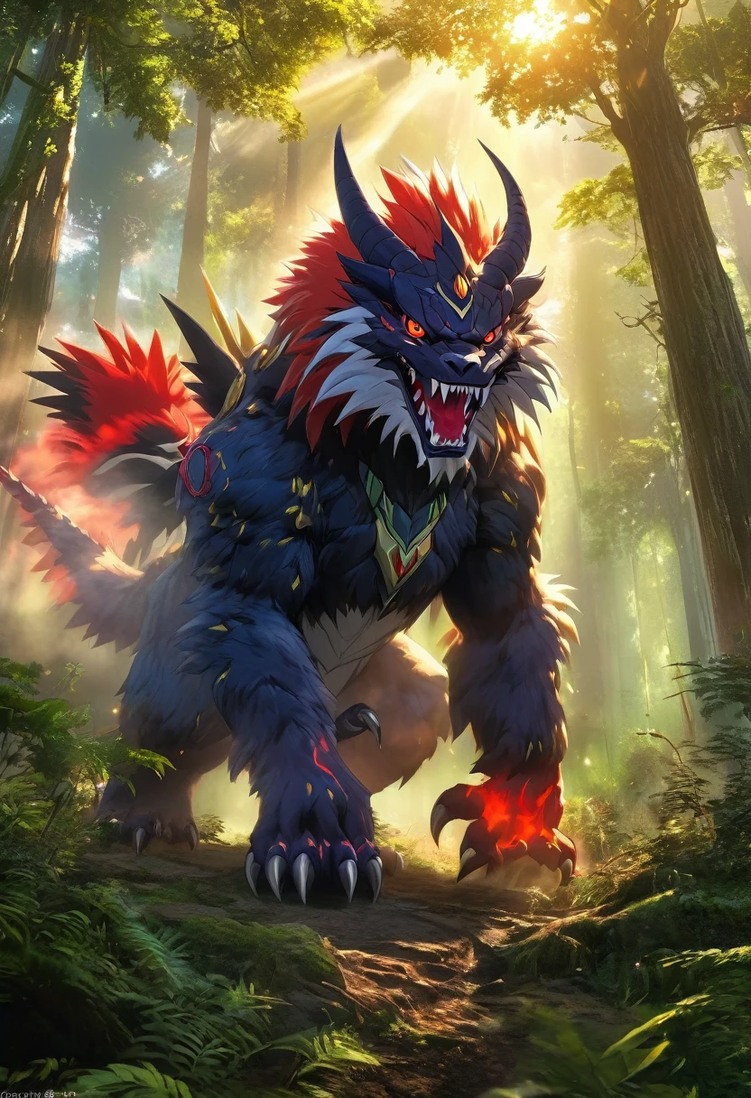 (best quality,SFW,masterpiece:1.2),gabumon,claws,creature,full body,red eyes,sharp teeth,solo,standing,digimon,looking at viewer,forest background,lush trees,dappled sunlight,peaceful atmosphere,foggy ambiance,vibrant colors,warm tone,vivid details,smoke rising from the ground,ray of light piercing through the trees,mysterious aura,majestic presence,hidden secrets,striking contrast,breathtaking beauty,impressive scale,imposing figure,attention-grabbing,awe-inspiring,magical scenery,awe-inspiring beauty,detailed fur,expressive eyes,serene expression.