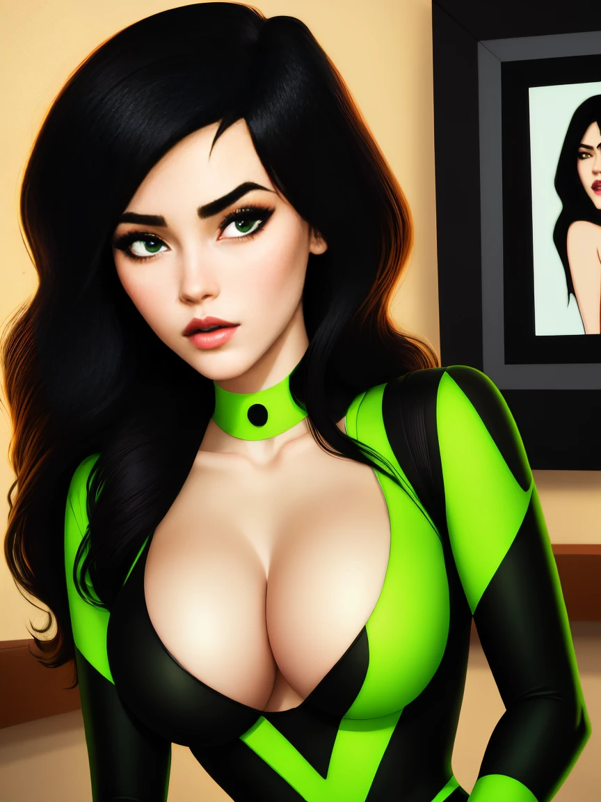 A stunning intricate full color portrait of Shego, pale skin, black hair, green eyes, wearing a black and green body suit, deep cleavage,, seductive, portrait, by ilya kuvshinov, alessio albi, nina masic, sharp focus, natural lighting, subsurface scattering, f2, 35mm, film grain, 