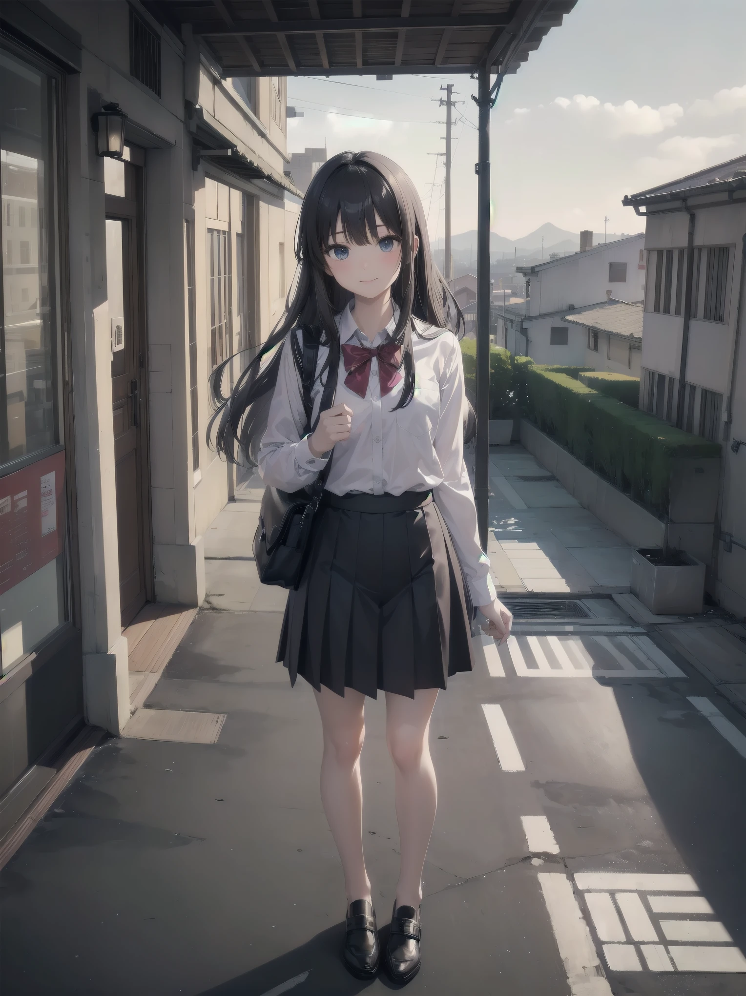 Subtitle: {{school rooftop}} {{uniform}} {{staring into the distance with the wind blowing}}

School rooftop. A strong wind was blowing through the air, and Saori, a beautiful girl, in her , was staring at the distant scenery, staring at an old key in her hand. Her mind was racing to find the place that the key pointed to. I guess this is where it starts," she muttered, placing the key at her feet. She muttered and opened a small box placed at her feet. Inside were several old photographs and a letter. Saori, did you find them?" I heard a voice behind me, and turned to see my classmate Reiko standing there. Yes, but now comes the problem. There's a mystery I have to solve, even if it's beyond the law. Saori replied with a determined look on her face. You really are amazing with your cute face." Reiko said with a smile.