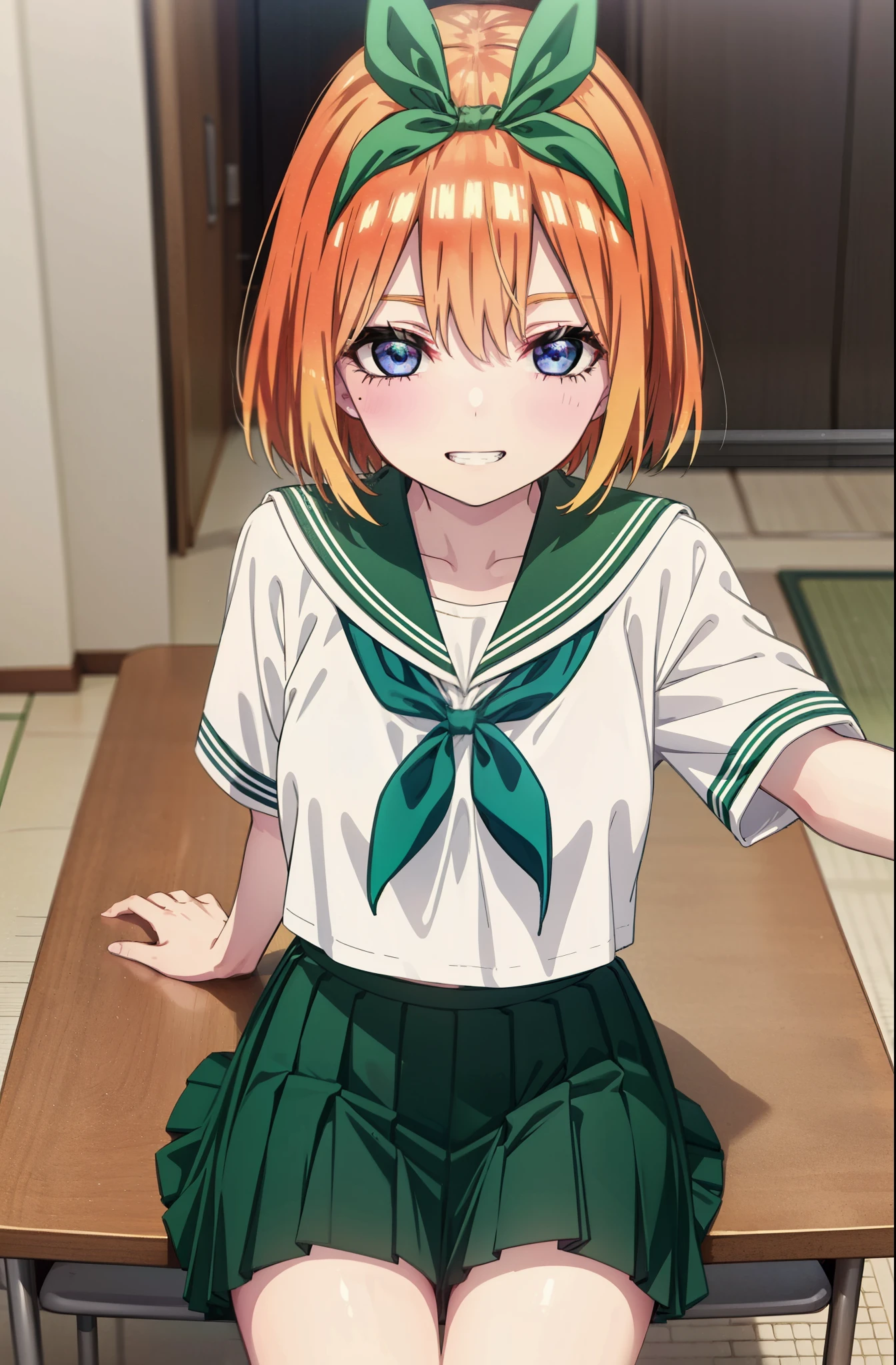 yotsubanakano, yotsuba nakano, bangs, short hair, blue eyes, Hair between the eyes, hair ribbon, hair band, Orange Hair, (Green ribbon:1.5), smile, Grin,Big Breasts,Japanese schoolgirl(Black Sailor Suit),Short sleeve,Black pleated skirt,White tights,Brown Loafers,Daytime,Clear skies,Sitting at a desk,whole bodyがイラストに入るように,Looking down from above,
break indoors, School,Big Breasts,
break looking at viewer, whole body,
break (masterpiece:1.2), highest quality, High resolution, unity 8k wallpaper, (shape:0.8), (Beautiful details:1.6), Highly detailed face, Perfect lighting, Extremely detailed CG, (Perfect hands, Perfect Anatomy),