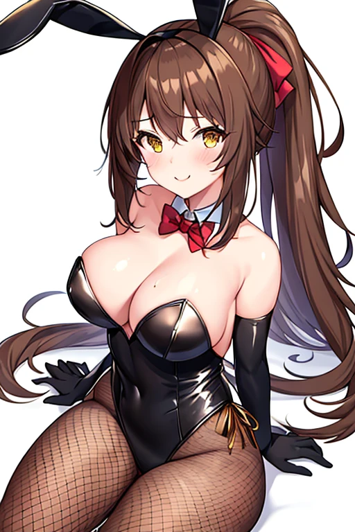 1girl, bunny ears, rabbit ears, large breasts, black leotard, bunnysuit, leotard, brown hair, short hair, ponytail, yellow eyes, mature female, light smile, cleavage, elbow gloves, fishnet, fishnet pantyhose, bowtie, gold trim, golden trim, red bowtie, ((brown hair))