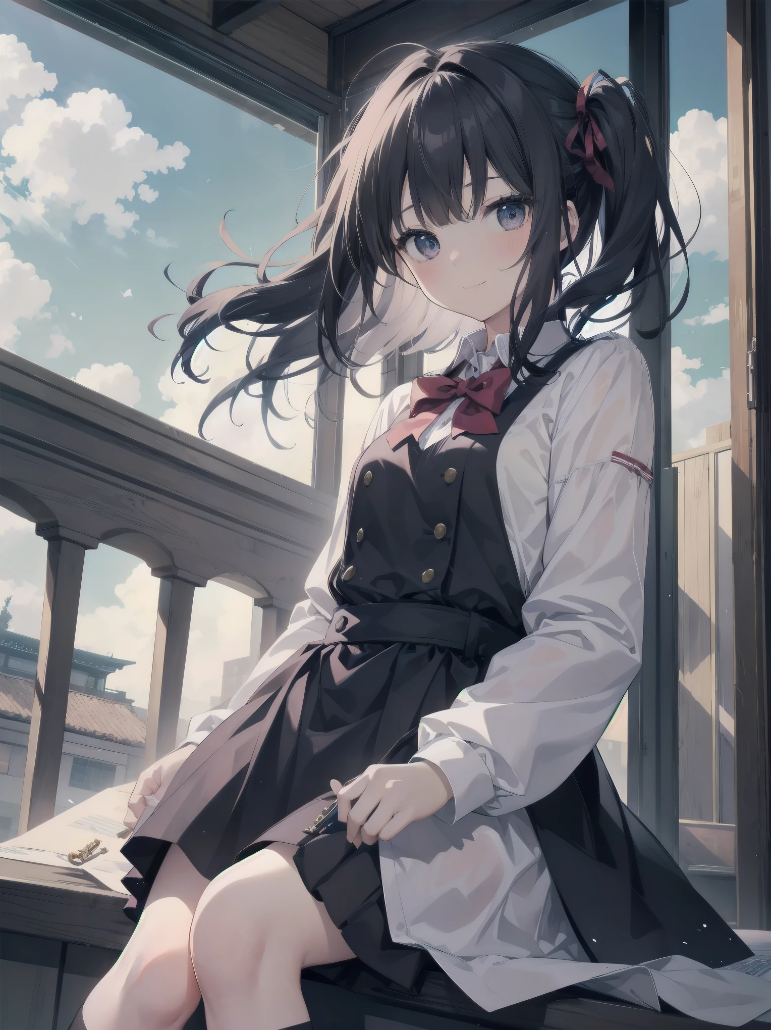 Subtitle: {{school rooftop}} {{uniform}} {{staring into the distance with the wind blowing}}

School rooftop. A strong wind was blowing through the air, and Saori, a beautiful girl, in her , was staring at the distant scenery, staring at an old key in her hand. Her mind was racing to find the place that the key pointed to. I guess this is where it starts," she muttered, placing the key at her feet. She muttered and opened a small box placed at her feet. Inside were several old photographs and a letter. Saori, did you find them?" I heard a voice behind me, and turned to see my classmate Reiko standing there. Yes, but now comes the problem. There's a mystery I have to solve, even if it's beyond the law. Saori replied with a determined look on her face. You really are amazing with your cute face." Reiko said with a smile.
