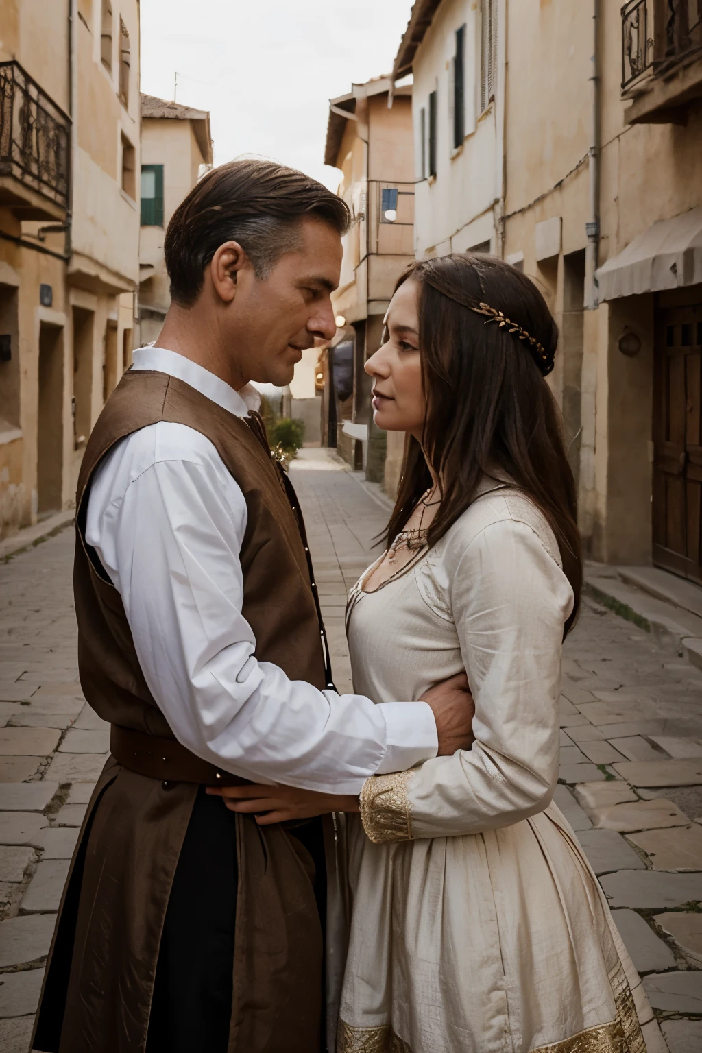 Couple in their 50's, they look into each others eyes, renaissance clothing, mideaval village in the background
