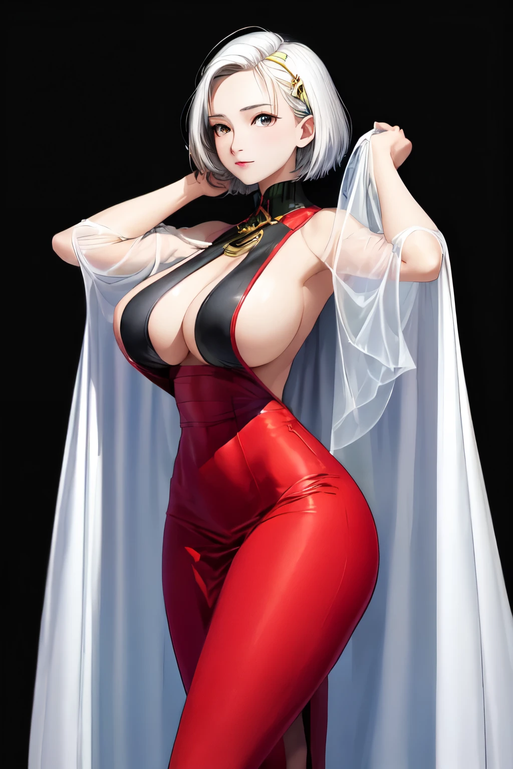An ultra-detailed illustration of a young woman with short white hair, fair skin, and black eyes, big . She has a charming physique and is wearing a futuristic sideboob red dress with black details. The background of the image should be transparent. Ensure the image is in the highest resolution possible with vibrant colors, sharp details, and a high level of realism to enhance the overall quality, (transparent background)
