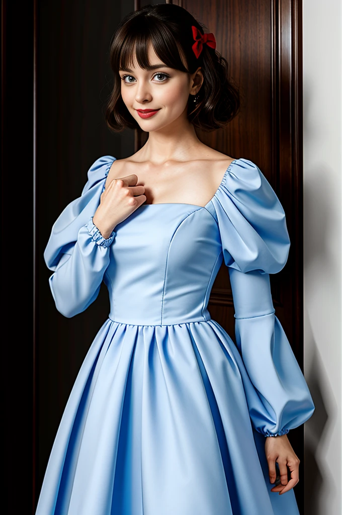 ((masterpiece), (Realistic), highest quality:1, High resolution, 4K, super High resolution), One girl, dress, view your viewers, lanthanum, long sleeve, red dress, candy, bangs, alone, Puffy sleeves, blue eyes, black bow, Gray Hair, bow, short hair, jewelry, Juliet Sleeve, Lollipop, blush, Mouth closed, hair bow, Full body portrait, little smile,