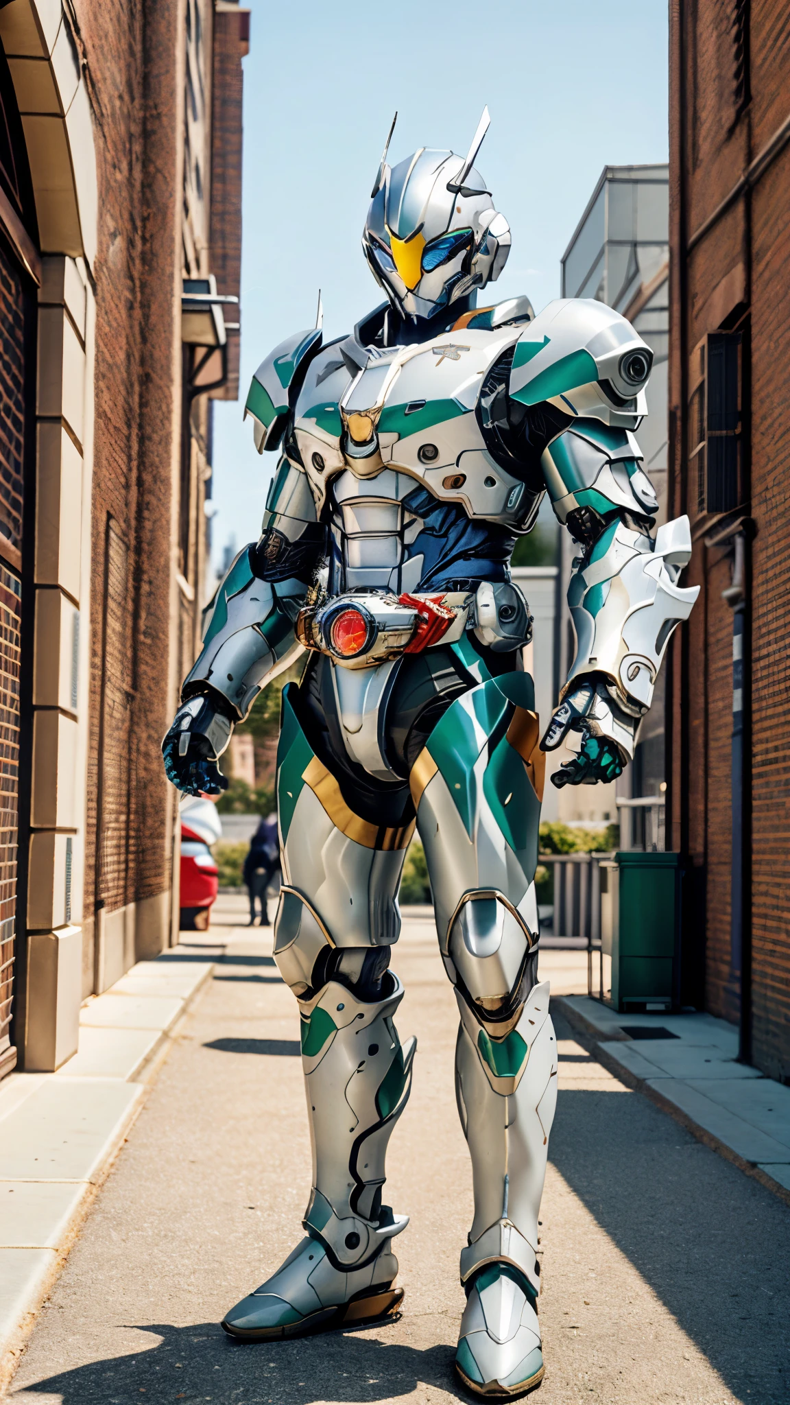A man wearing a full-face helmet, a fantasy-style biotech armored combat suit, green eyes, (a composite layered chest armor), fully enclosed shoulder guards, matching arm and leg guards, the belt is adorned with Halo, (the color scheme is primarily white with red and blue accents), the design balances heavy with agility, a high-tech bio-mecha armor, (Armor Concept Inspired by Angel, stand on the top of a skyscraper in a futuristic sci-fi city), this character embodies a finely crafted fantasy-surreal style armored hero in anime style, exquisite and mature manga art style, (battle damage, element, plasma, energy, the armor glows), ((male:1.5)), metallic, real texture material, dramatic, high definition, best quality, highres, ultra-detailed, ultra-fine painting, extremely delicate, professional, perfect body proportions, golden ratio, anatomically correct, symmetrical face, extremely detailed eyes and face, high quality eyes, creativity, RAW photo, UHD, 32k, Natural light, cinematic lighting, masterpiece-anatomy-perfect, masterpiece:1.5