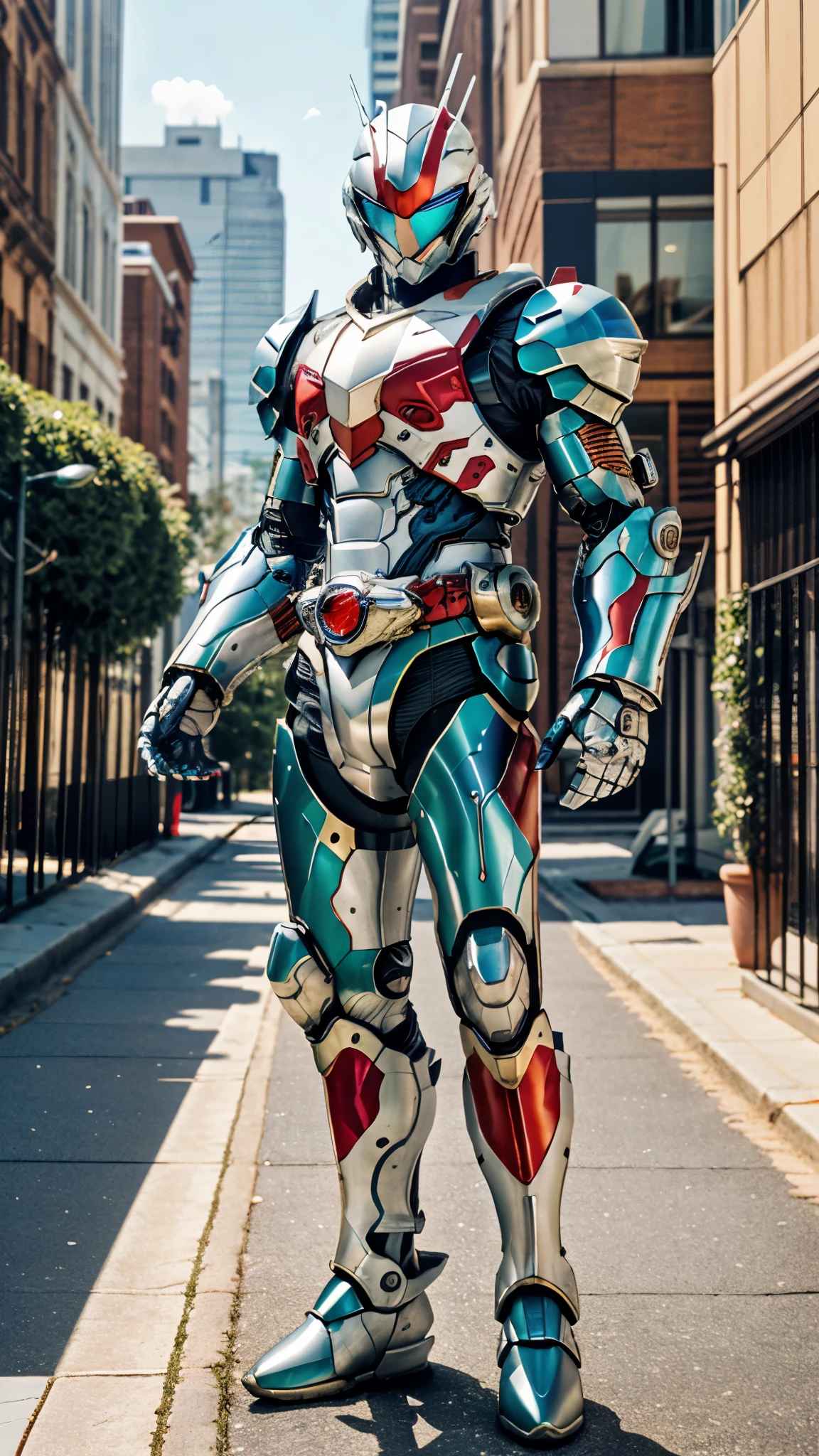 A man wearing a full-face helmet, a fantasy-style biotech armored combat suit, green eyes, (a composite layered chest armor), fully enclosed shoulder guards, matching arm and leg guards, the belt is adorned with Halo, (the color scheme is primarily white with red and blue accents), the design balances heavy with agility, a high-tech bio-mecha armor, (Armor Concept Inspired by Angel, stand on the top of a skyscraper in a futuristic sci-fi city), this character embodies a finely crafted fantasy-surreal style armored hero in anime style, exquisite and mature manga art style, (battle damage, element, plasma, energy, the armor glows), ((male:1.5)), metallic, real texture material, dramatic, high definition, best quality, highres, ultra-detailed, ultra-fine painting, extremely delicate, professional, perfect body proportions, golden ratio, anatomically correct, symmetrical face, extremely detailed eyes and face, high quality eyes, creativity, RAW photo, UHD, 32k, Natural light, cinematic lighting, masterpiece-anatomy-perfect, masterpiece:1.5